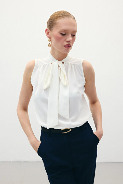 Sateen Блуза без ръкави с шал - екрю