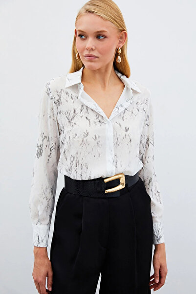 Sateen Shiny Patterned Shirt - Ecru-Silver