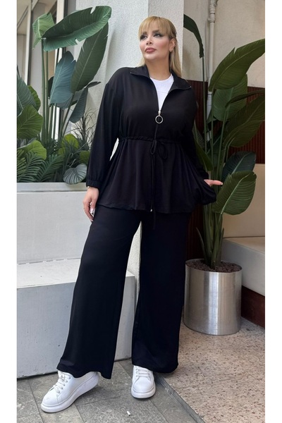 Butik Nilyam طقم بدلة رياضية نسائية بمقاس كبير مع تفاصيل ربط الخصر وسحاب 25201