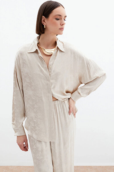 Sateen Jacquard Satin Shirt - Beige