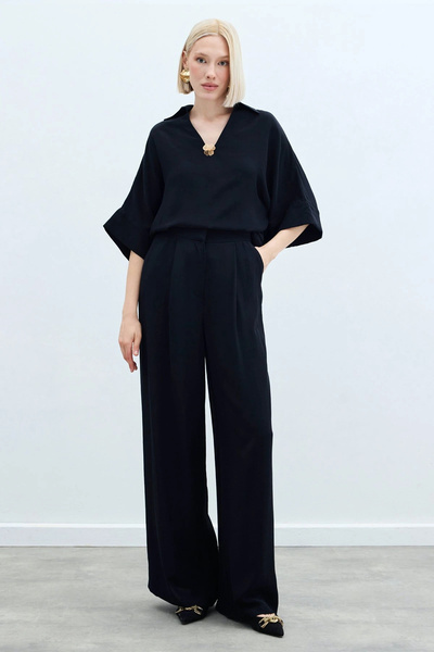 Sateen Linen Blend Trousers - Black