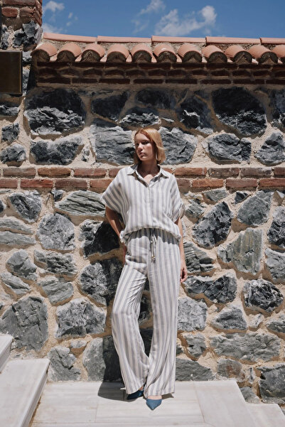 Sateen Striped Linen Blend Trousers - Navy Blue