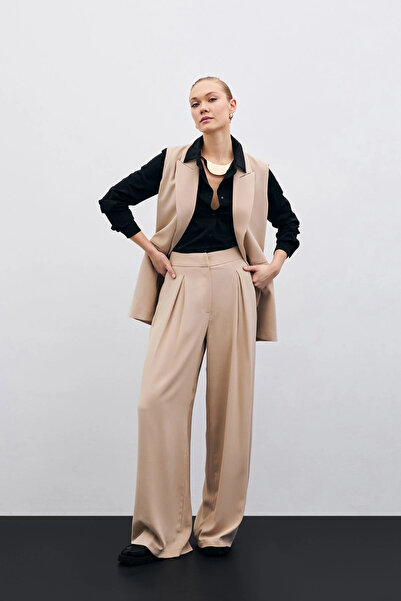 Sateen Μπεζ ψηλόμεσο φαρδύ παντελόνι