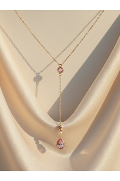luvee 925 Ayar Sallantılı Dorikalı Damla Taş Gümüş Kolye (Rose Gold)