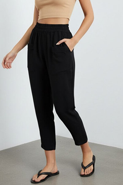 Curly Siyah Bol Cepli Keten Pantolon