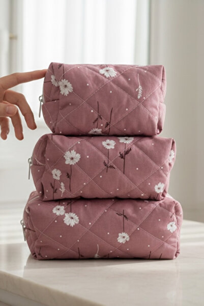 Bestway ve Diğeri Daisy Patterned Quilted Hand and Makeup Bag Set 3 Different...