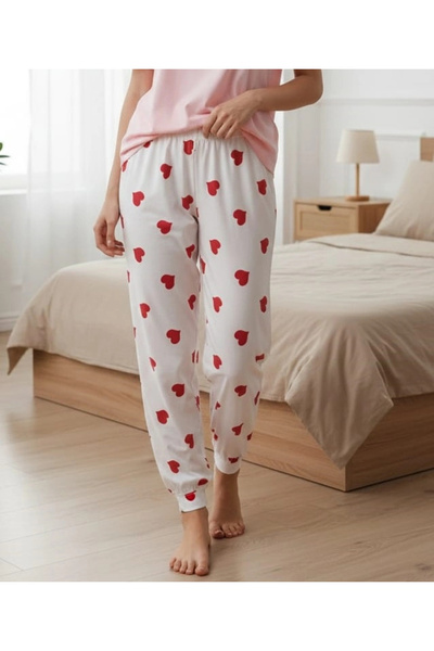 Erdenay Tekstil Silky Textured Suede Pajama Bottoms with Red Hearts on Ecru
