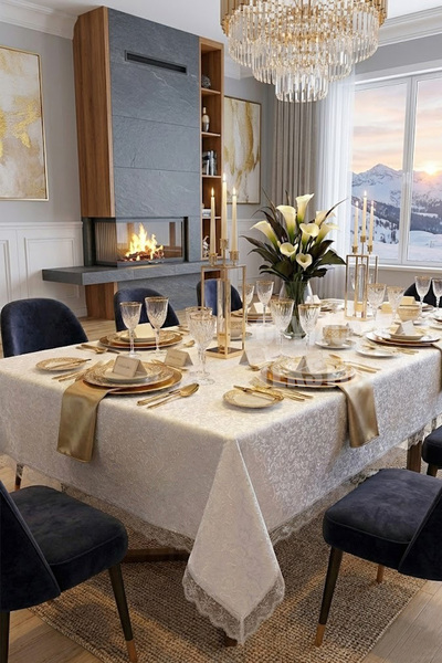 Çt Çeyizci Tekstil Fransız Güpürlü Leke Tutmaz Tek Masa Örtüsü 160x220 - Krem