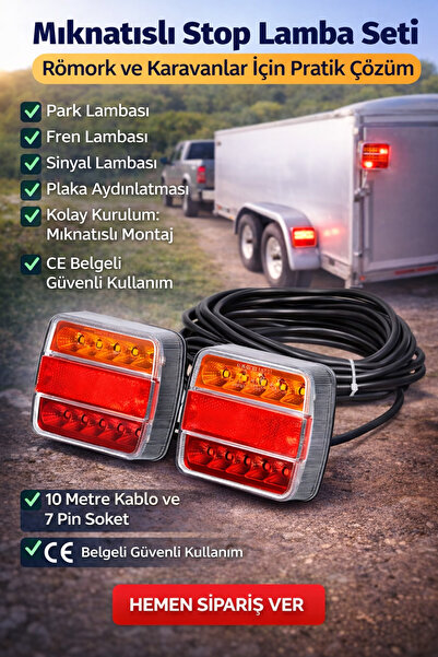 Genel Markalar Karavan & Römork İçin Mıknatıslı Stop Lambası Seti – 10 m Kabl...