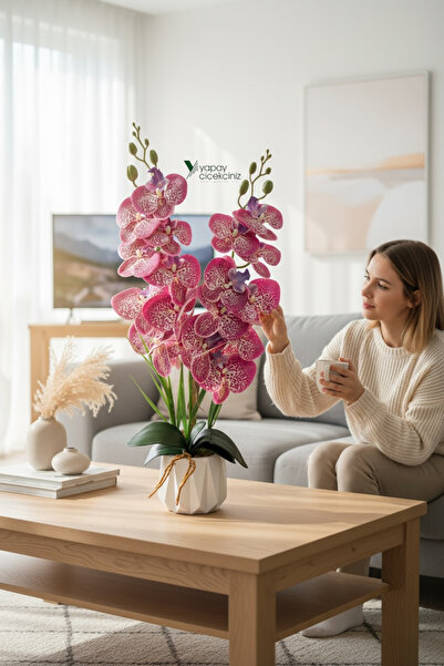 YAPAY ÇİÇEKÇİNİZ Beyaz Renkli Beton Saksıda 2 Dallı Islak Dokulu Yüksek Kalit...