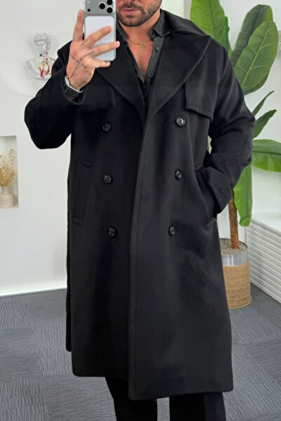 thesunfyre ERKEK Siyah Oversize Astarlı Uzun Kaşe Kaban