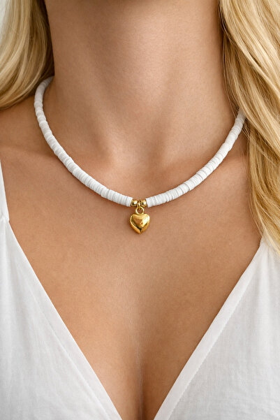 HERCY قلادة فيمو بيضاء على شكل قلب صغير |   قلادة صيفية بيضاء |   قلادة على ش...