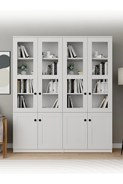 midoser Lisa 8 Kapaklı Beyaz Vitrin Seti - Kitaplık ve Çok Amaçlı Dolap