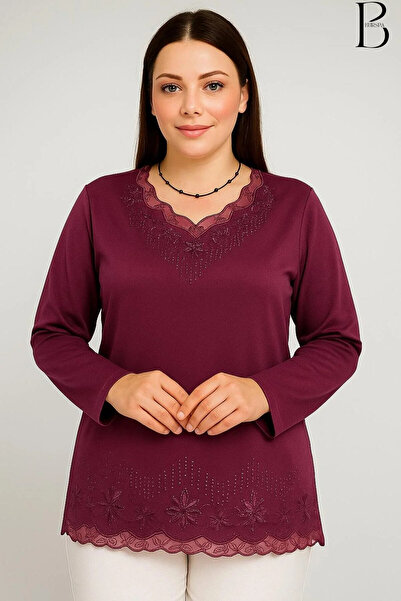 BURSPA Χαλαρή κοπή με λαιμόκοψη V με τούλι και μαργαριτάρι κεντημένη δαμάσκην...