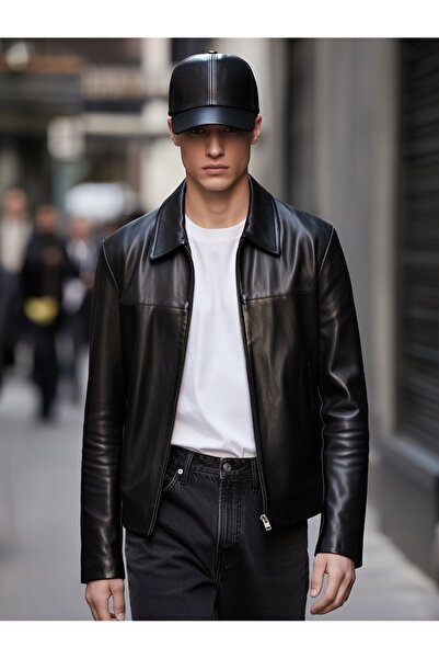 thfabric Hakiki Deri Unisex Siyah Deri Cap Ayarlanabilir Şapka