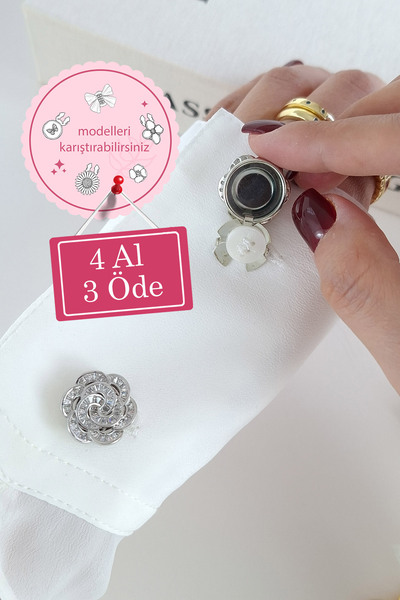 Norevia 4 Al 3 Öde Gümüş Renk Baget Taşlı Gül Model Düğme Kapağı ve Broşu (1 ...