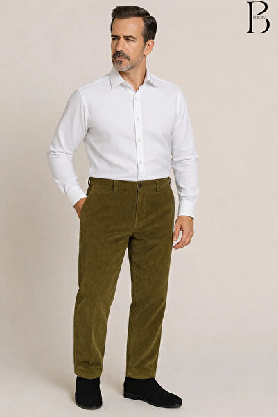 BURSPA Χαλαρή εφαρμογή Χειμερινό ανοιχτό πράσινο ανδρικό κοτλέ παντελόνι με φ...