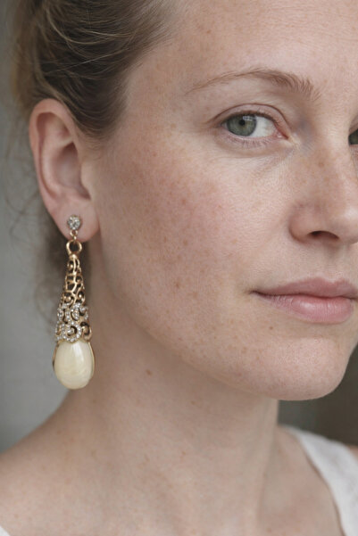 BB wikiki Otantik Doğal Taşlı Krem Damla Küpe Osmanlı Takıları