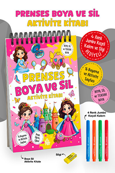 Parodi Yayınları Prenses Boya ve Sil Aktivite Kitabı | 4 Renk Jumbo Keçeli Ka...