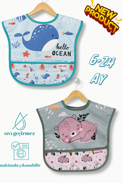 CUTE WHALE BEAR 2 PIECE SET LIQUID PROOF BABY BIB WITH POCKETS 6-24 MONTHS