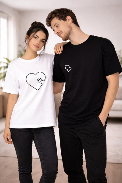 FANA Puzzle Heart Printed Couple T-Shirt Set Loose Fit Oversized Cotton Coupl...