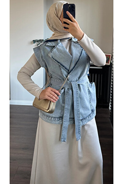 MissPul Kemerli Lüx Piremium Kalite cepli Kot Ceket Yelek Acık mavi