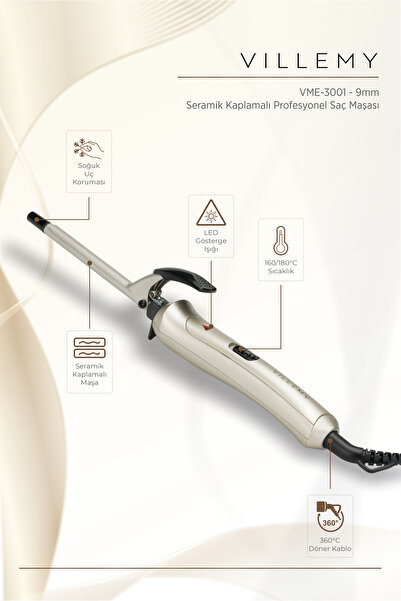 VILLEMY 9mm Ceramic Coated Professional Curling Iron – Fine Curl - Vme-3001