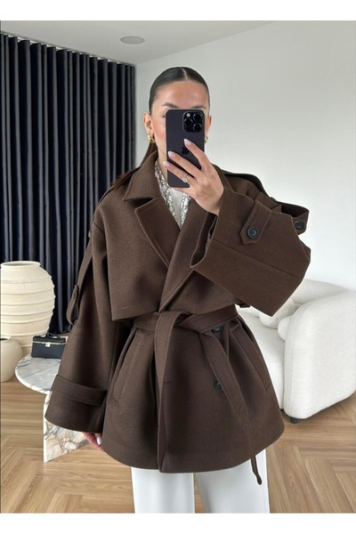 Lovely butik TREND KISA KUŞAKLI KADIN KAŞE KABAN / KIŞLIK KISA TRENÇKOT CEKET