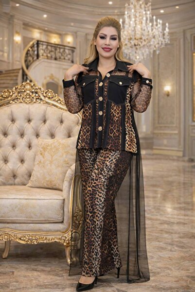 Yeşilmoda معطف وسروال الفريق نمط الفهد بأزرار وأكمام طويلة أنيقة ليلة كريب تو...