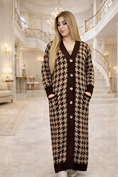 Yeşilmoda كارديجان نسائي طويل من التريكو – بتفاصيل جيب، تصميم كبير الحجم بنقش...