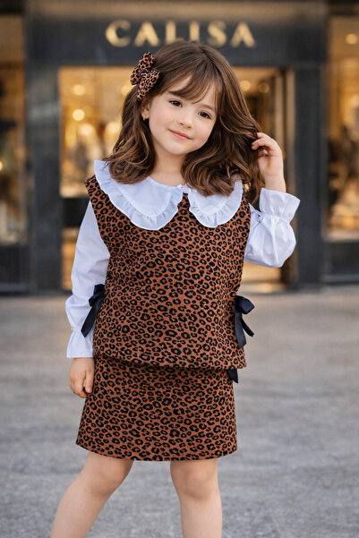 CALİSA Дівчача біла сорочка, леопардова спідниця та светр, 3-х частинний свят...