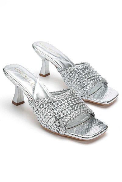 CHİCELLA SHOES Leonei Silver Knitted Detailed Women's Slippers