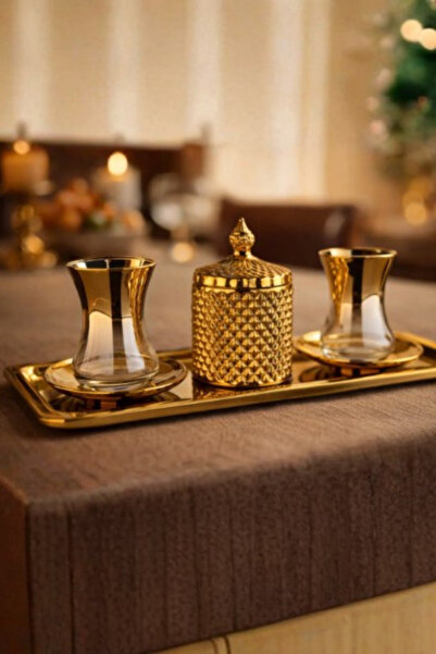 rova tr Lüks 2 Adet Çay Bardağı + 1 Adet Çok Amaçlı Şekerlik + 1 Adet Tepsi -...