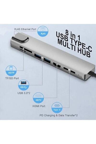 Type-C 8 in 1 Hub Çoklayıcı Adaptör | 4K HDMI, Ethernet RJ45, USB 3.0, 87W PD Şarj