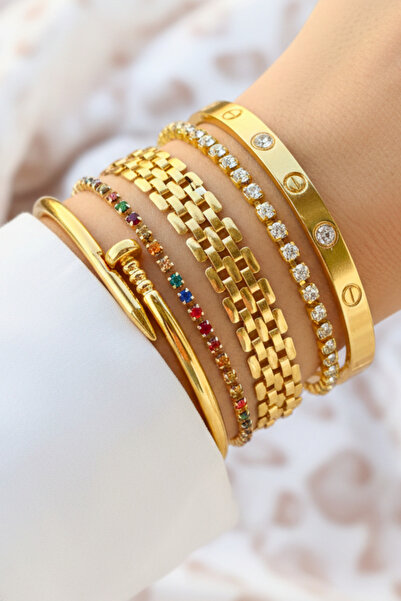 Crc Bijuteri مجموعة أساور نسائية مكونة من 5 قطع مطلية بالذهب ومزينة بأحجار ال...