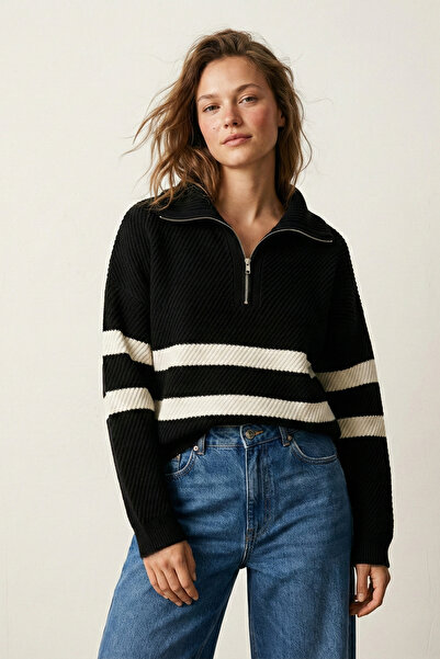 Elemge Pulover tricotat cu guler cu fermoar cu dungi negre pentru femei croia...