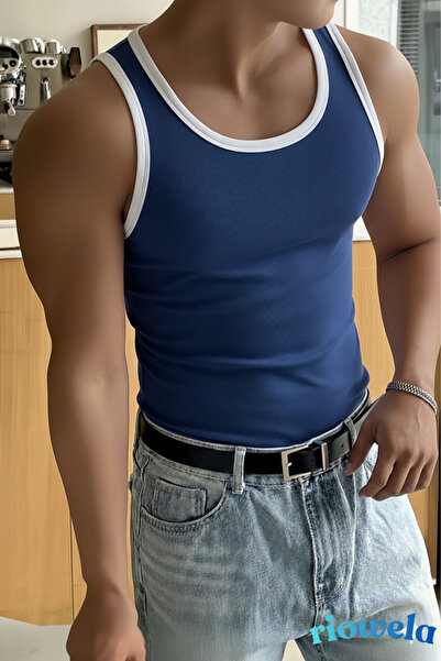 Riowela Erkek Tshirt Kolsuz Atlet Halter Yaka Likralı Pamuklu Kraliyet Mavisi