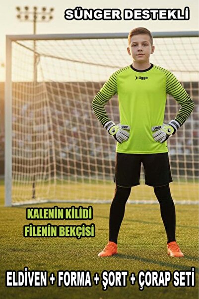 Liggo Çocuk Kaleci Eldiveni Sünger Destekli Çocuk Kaleci Forma Şort Çorap Takımı