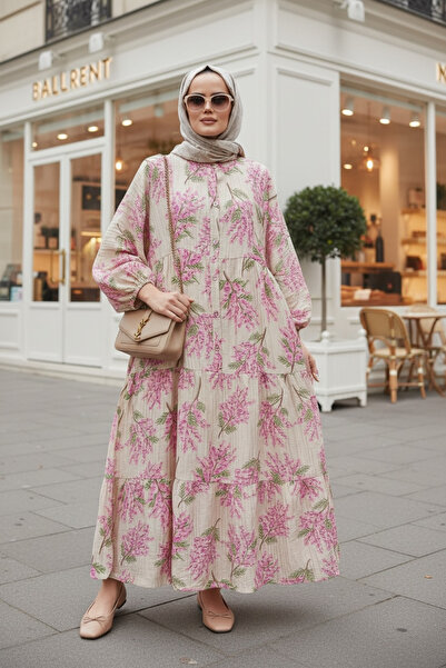Aselim Hijap Moda Rochie de vară din bumbac cu model Floral Roz-bej struguri