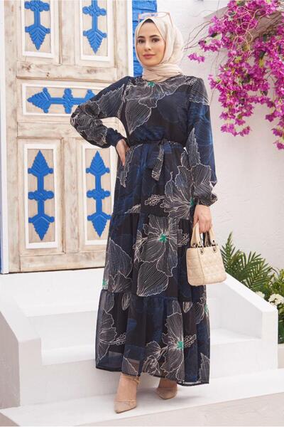 TRENDTESETTÜR KADIN LACİVERT DESENLİ ŞİFON ELBİSE 50062