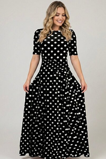 rengamoda Rochie cu mâneci lungi din țesătură crep Rengastyle, cu buline, lun...