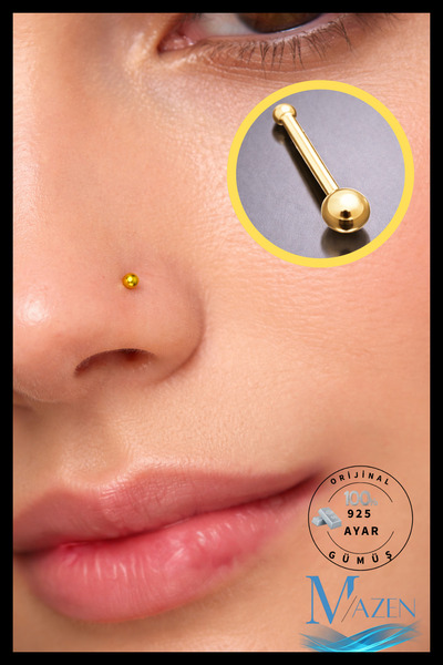 MAZEN Gold Top Uçlu Hızma Burun Piercing | 925 Ayar Gümüş | Gold Renk | Minim...