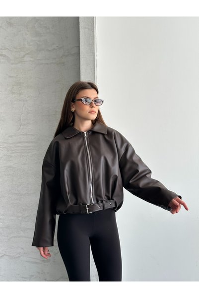 gm giyimarket O Oversized Women's Leather Jacket with Plush Detailing and Fur Inside, Belt Buckle at the Waist