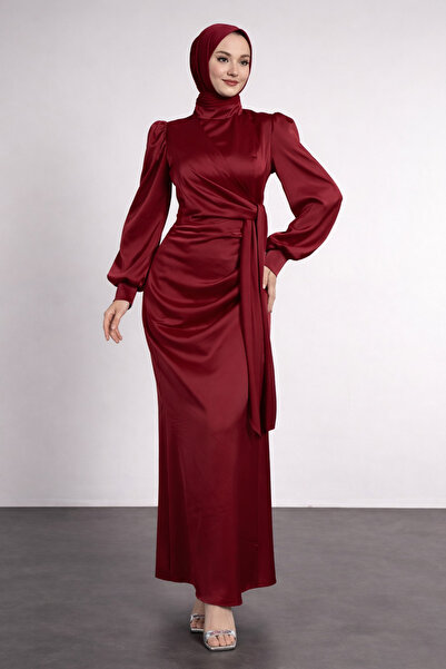 PERADO فستان سهرة من الساتان مع ربطة جانبية باللون الأحمر الداكن