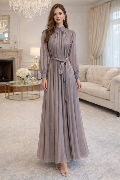 DORİDORCA Сукня з блискучими рукавами, прозорою застібкою-блискавкою та поясом