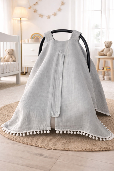 Genel Markalar Ponponlu Gri Müslin Kumaş Organik Puset Örtüsü