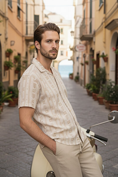 APT PRESTIGE Apaş Yaka Oversize Kısa Kollu Alaçatı Desenli Keten Gömlek