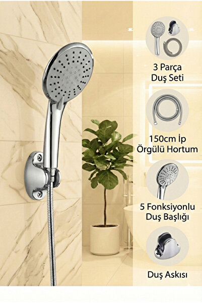 Plodna House 5 Fonksiyonlu Premium Büyük Boy Krom Duş Başlığı 150cm Örgülü Ho...