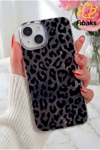Fibaks iPhone 13/14/15 Kılıf Hologramlı Siyah Leopar Desenli Darbe Emici Kame...