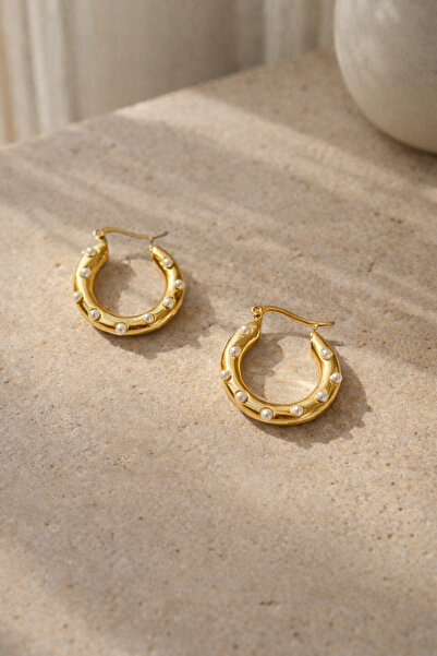 Owentis Çelik Gold Incili Elisabetta Halka Küpe -kararma Yapmaz-